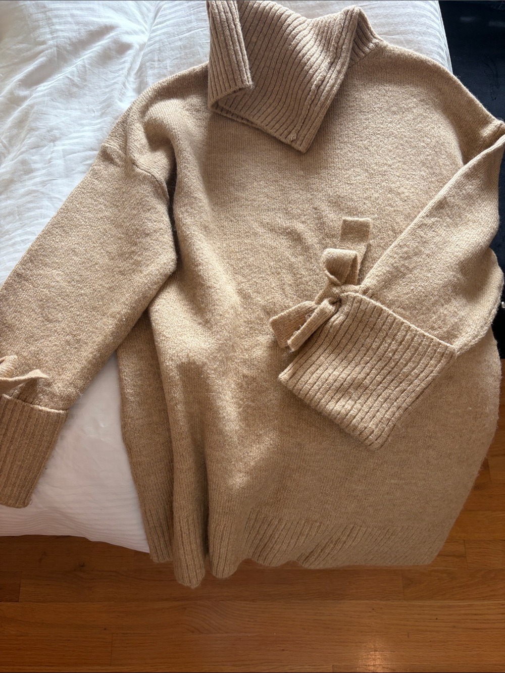 Zara Camel Tie-Cuff Turtleneck Sweater